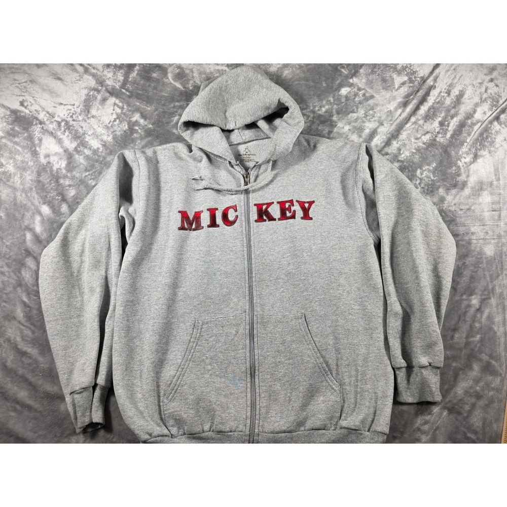 Walt Disney World Hoodie Men Medium Gray Mickey Mouse Hanes Zip Up Sweatshirt